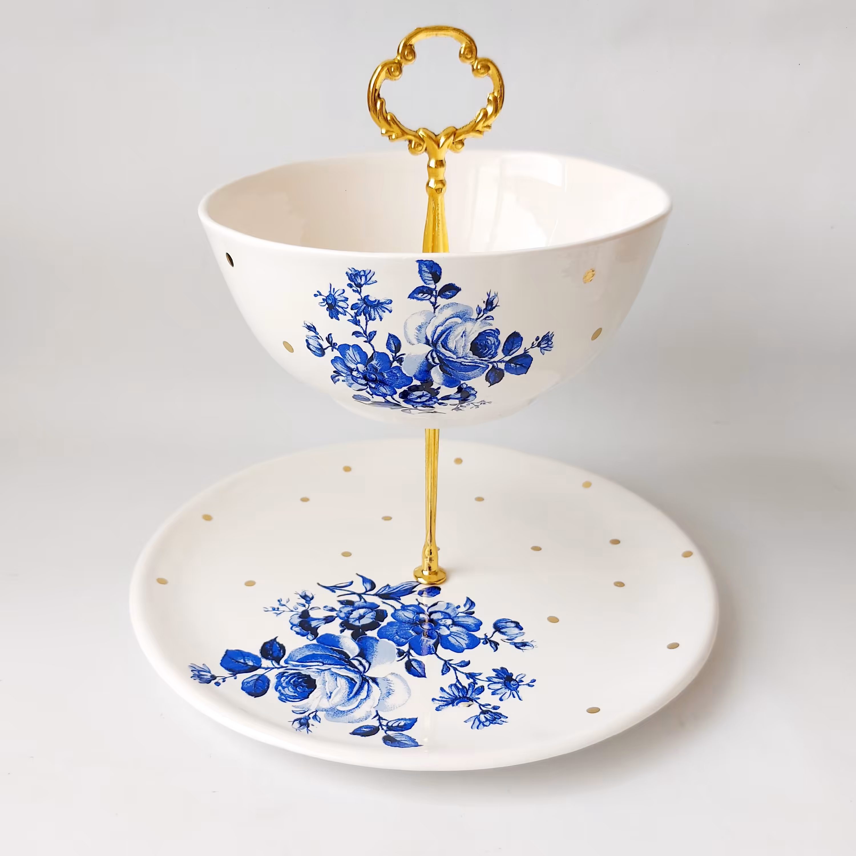 شیرینی خوری دو طبقه  سرامیکی طرح گل کبالت 