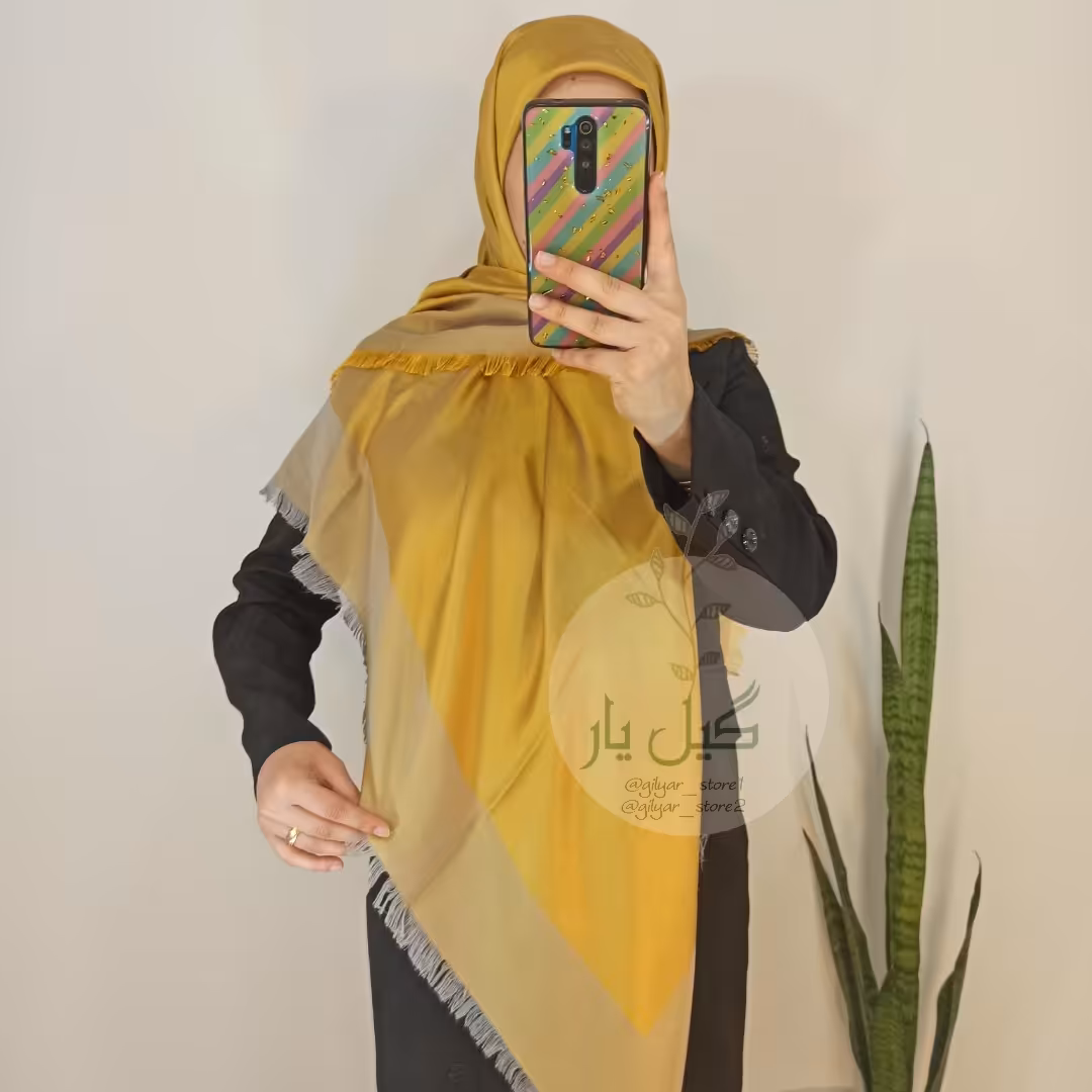 روسری نخ بامبو طلایی یا خردلی بسیار زیبا( قواره 140 . کیفیت عالی . دور ریش)