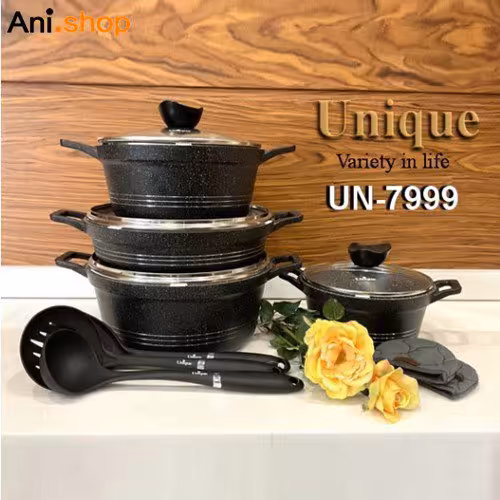 سرویس قابلمه 11 پارچه مشکی گرانیتی کلاسیک مدل UN-7999 کد 245