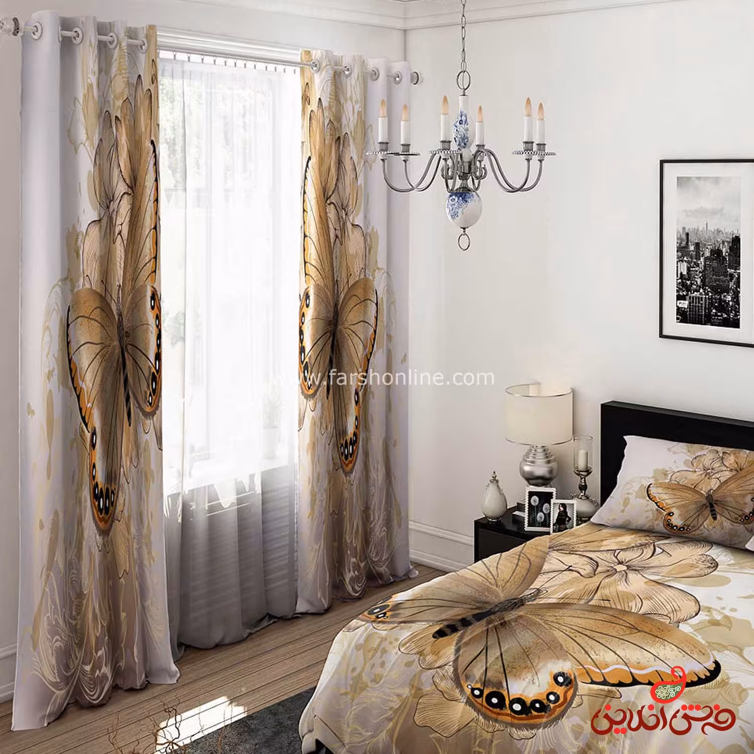 پرده 2 عددی کد 15635/1 طرح پروانه طلایی