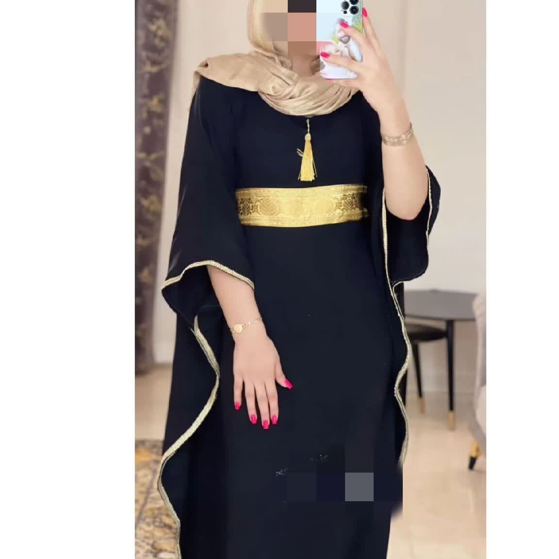 مانتو عبایی ابرو بادی با نوار طلا کوبی