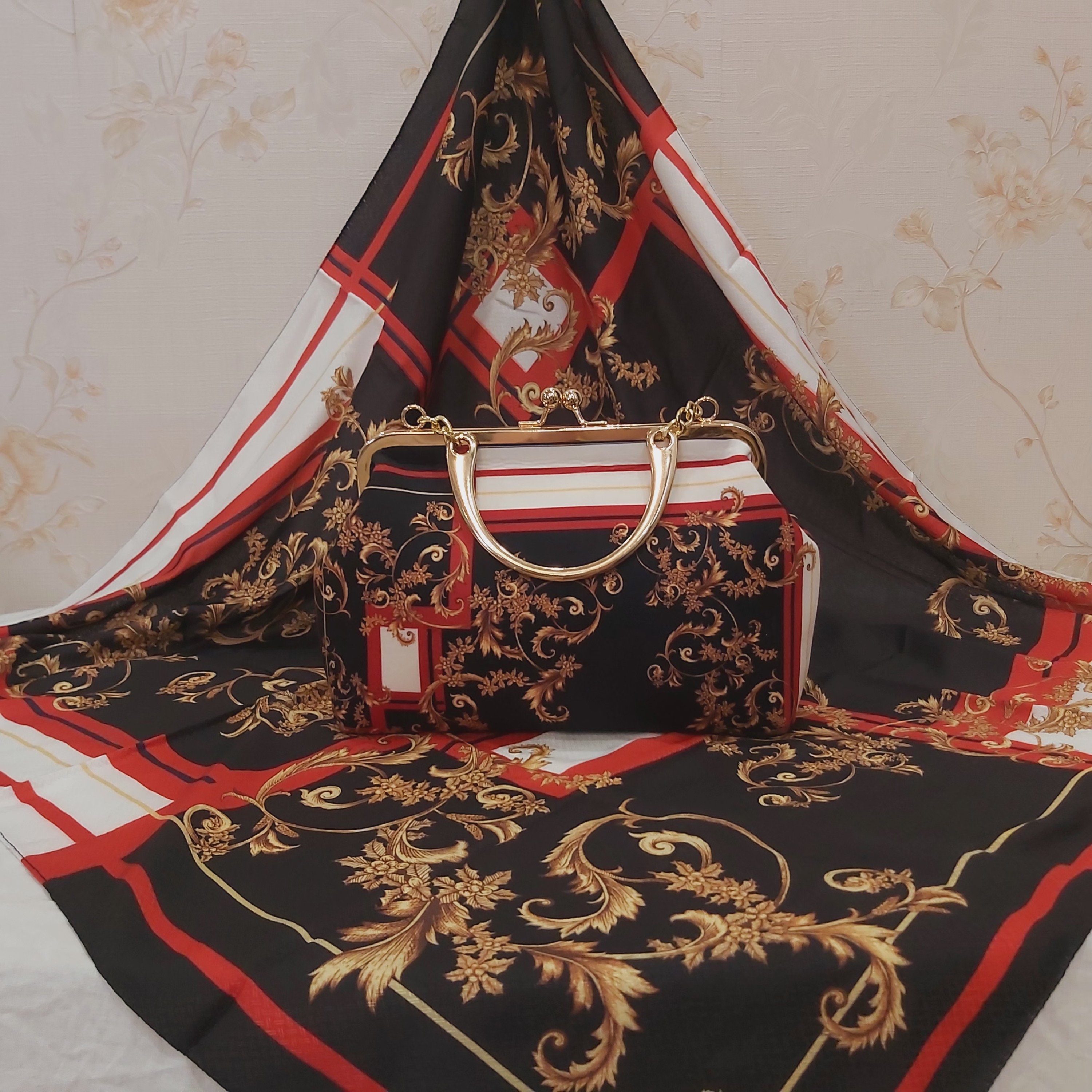 ست کیف جیر مخمل نوستالژی و روسری نخ ابریشم دور دوخت