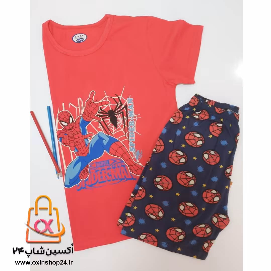 ست تیشرت و شلوارک وارداتی کوانجو طرح مرد عنکبوتی رنگ ابی قرمز