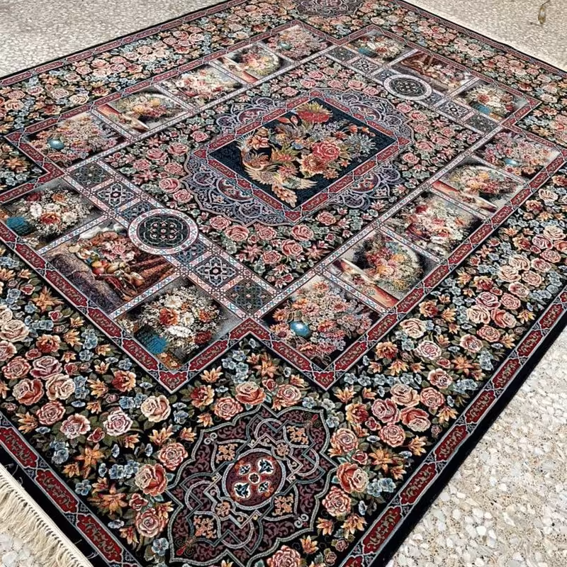 فرش 700شانه نخ ورژن باغ ارم سرمه ای کاشان