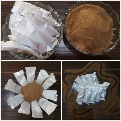 ساشه 10 گرمی شکر قهوه ای نیشکری شهدانه کارتون 8 کیلویی به صورت پس کرایه