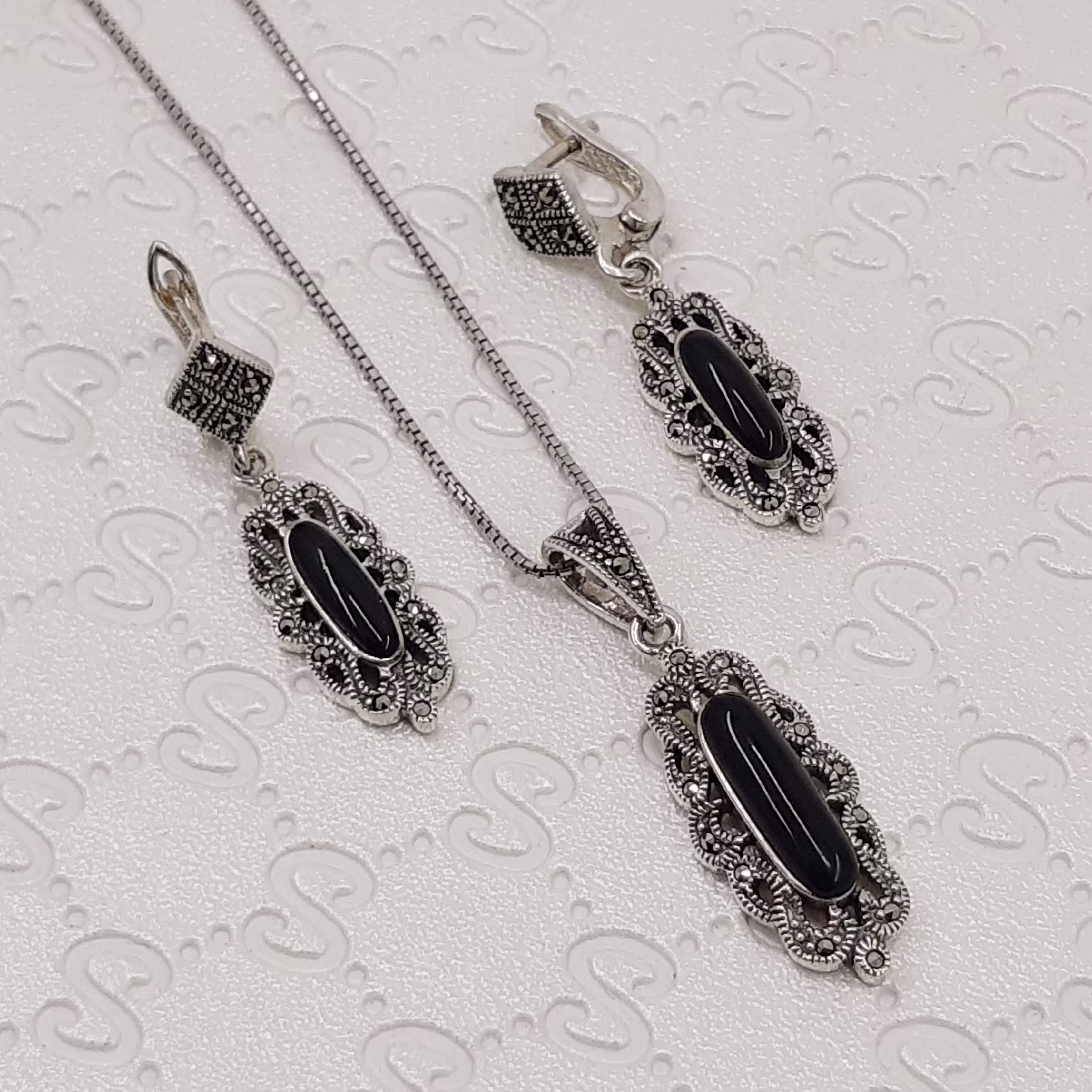 نیم ست نقره زنانه تایلندی سیاه قلم مارکازیت اصل