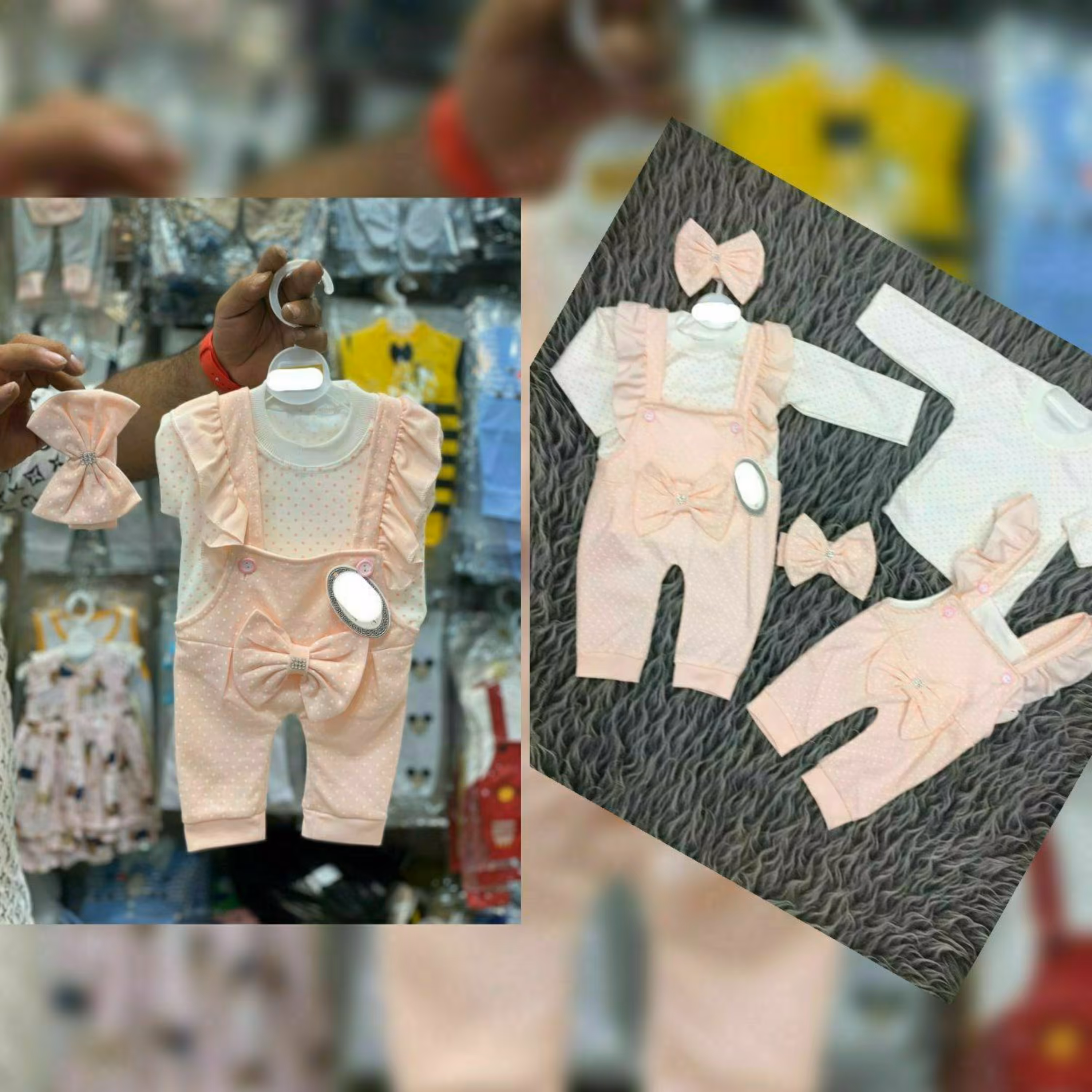 سیسمونی نوزادی سرهمی پیشبندی دخترانه پاپیون خالدار 