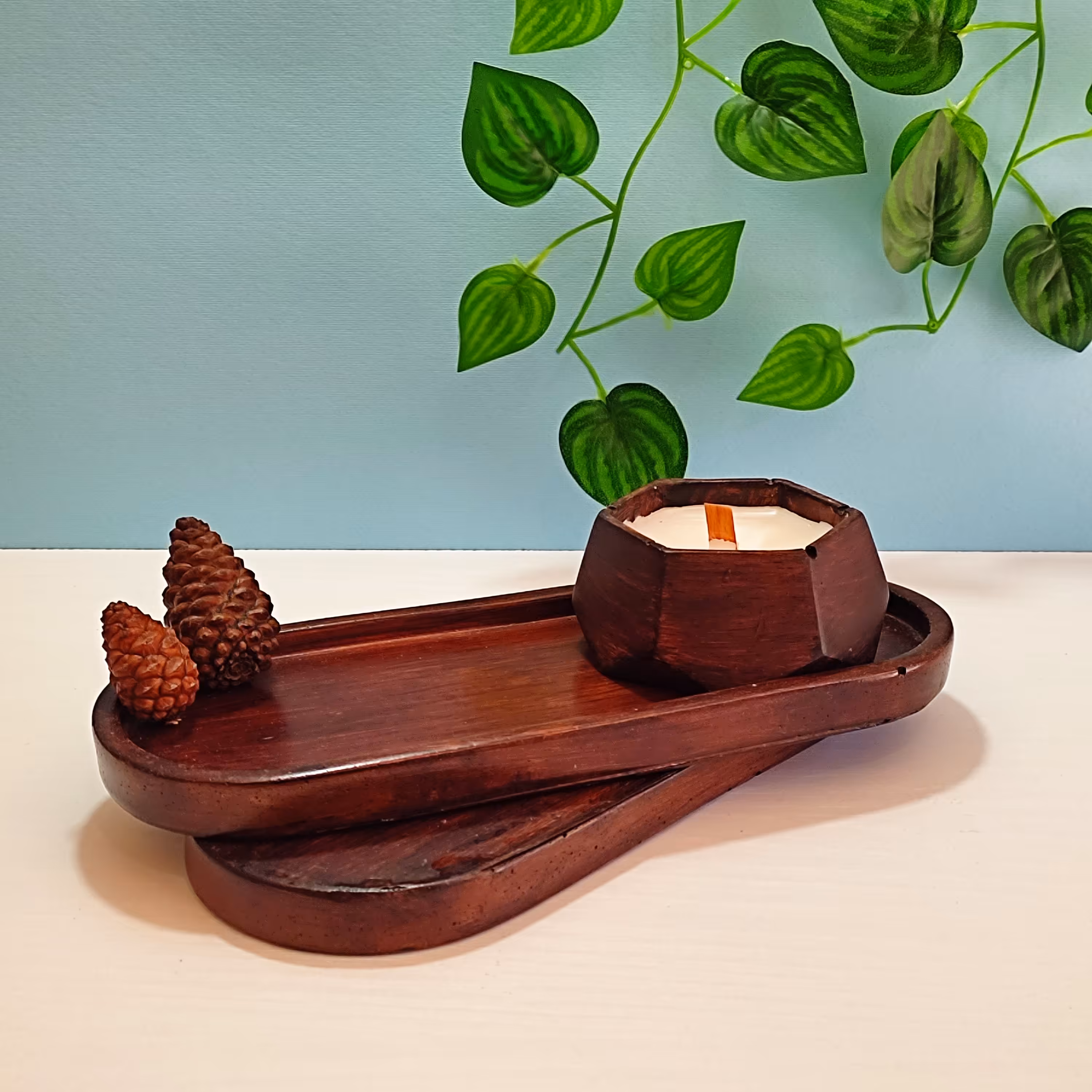 ست سینی و شمع سلولوزی طرح چوب