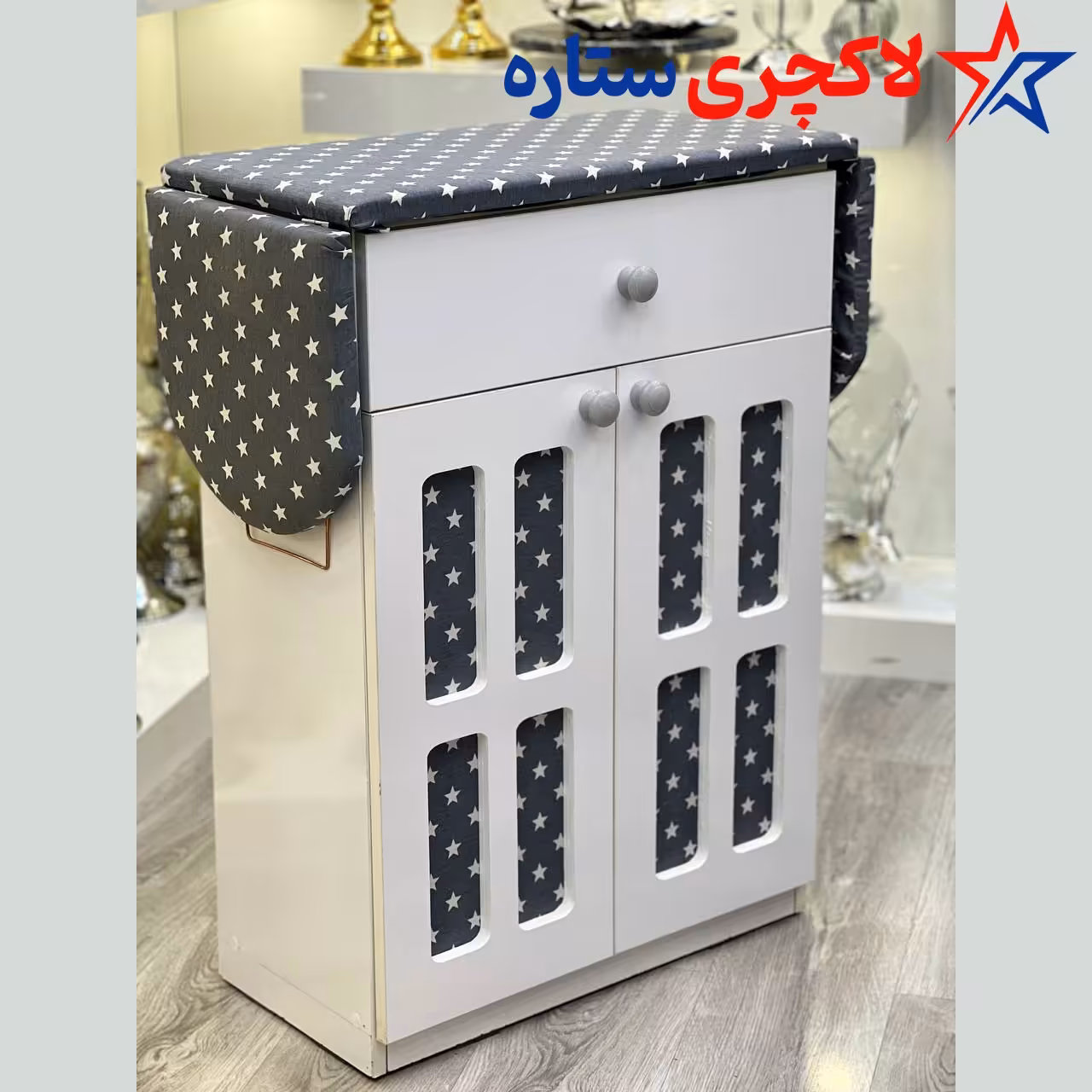 میز اتو و جای چرخ خیاطی طرح کرکره ای سفید تمام ام دی اف