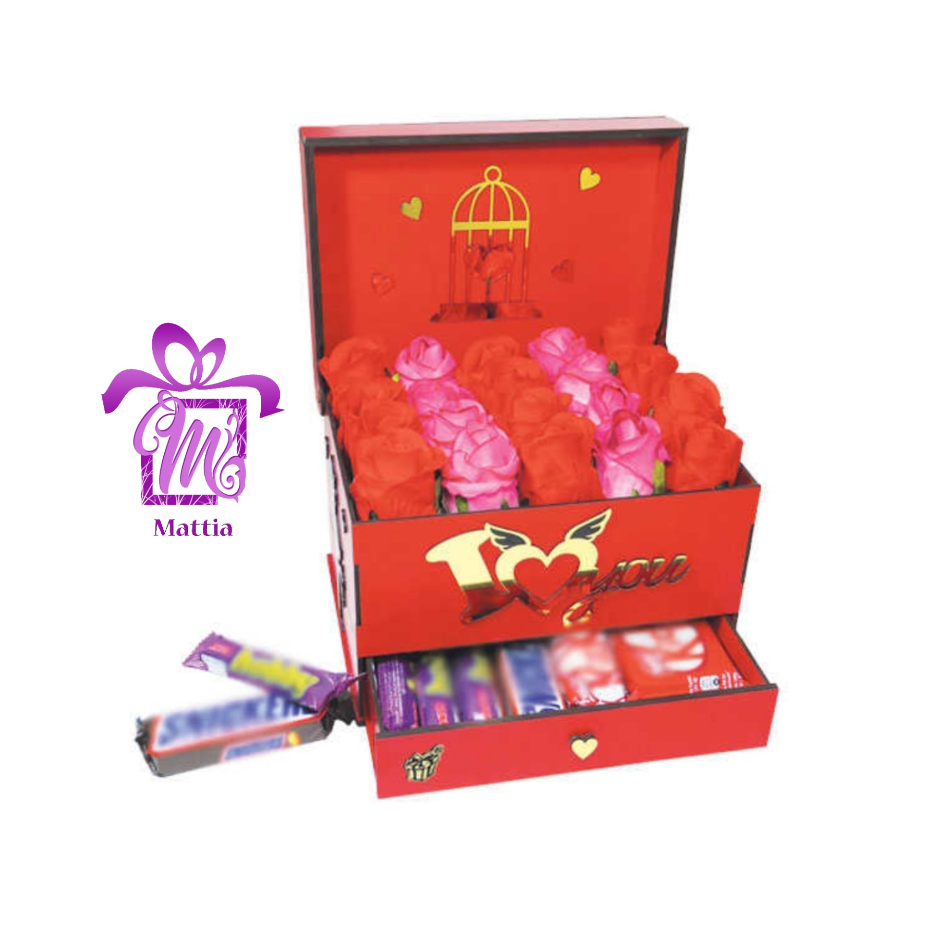 باکس گل و کادو چوبی مناسب ولنتاین و هدیه ابعاد 23x17x17