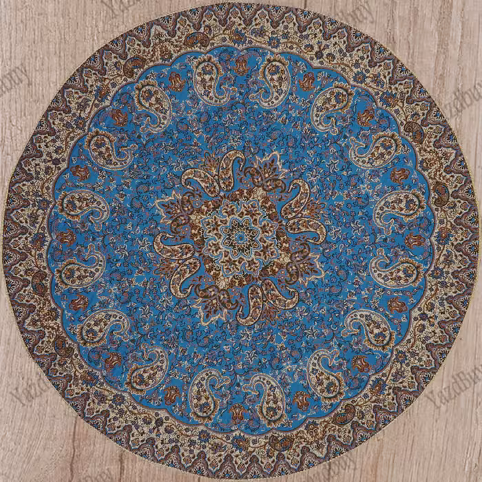 رومیزی ترمه گرد طرح نسترن رنگ آبی با کیفیت عالی