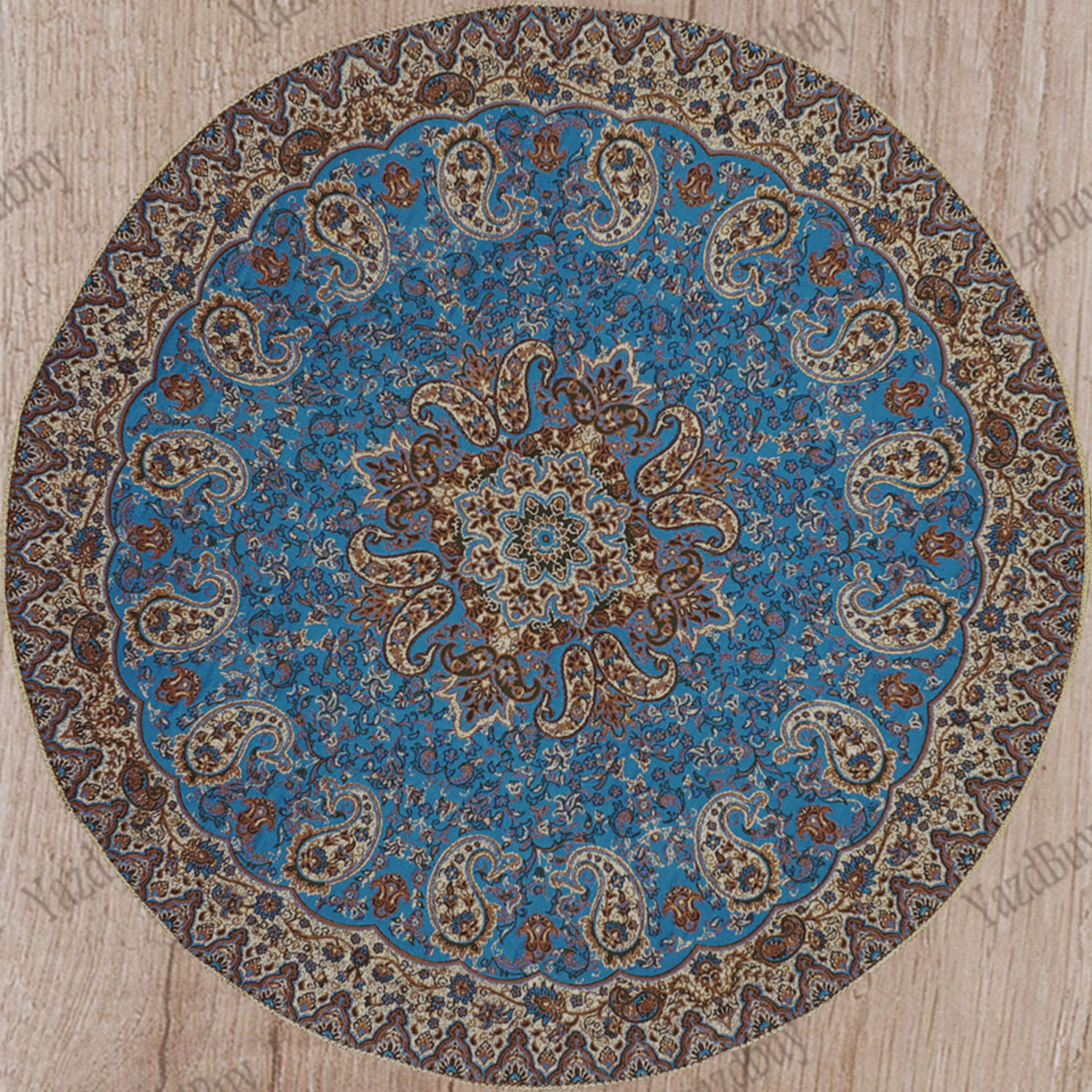 رومیزی ترمه گرد طرح نسترن رنگ آبی با کیفیت عالی