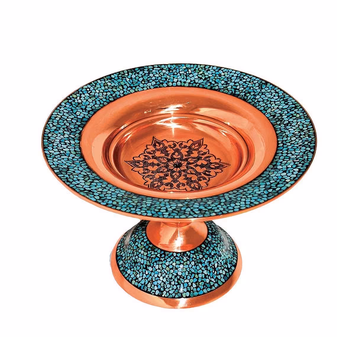 شیرینی خوری فیروزه کوبی 20 لب صاف مس و فیروزه کوبی و قلم زنی صنایع دستی سایروس 