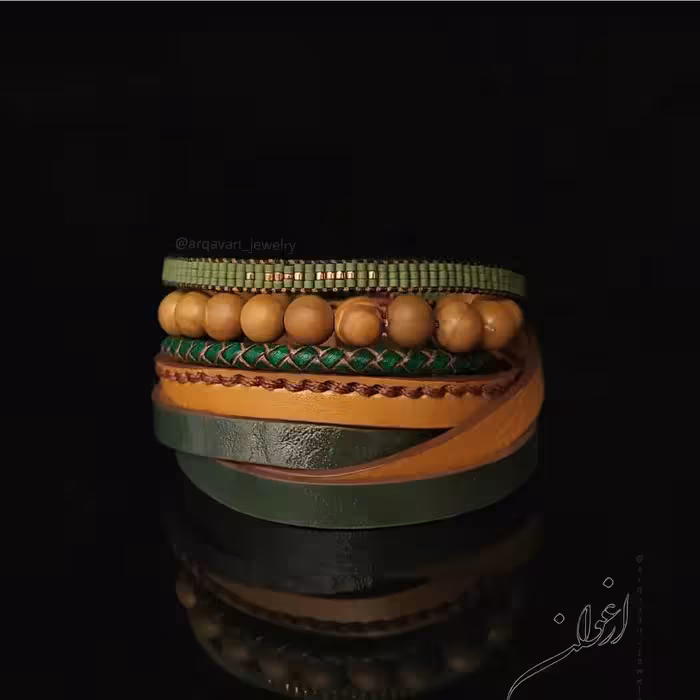ست سه عددی دستبند چرم طبیعی با منجوق ژاپنی و سنگ جاسپر مات