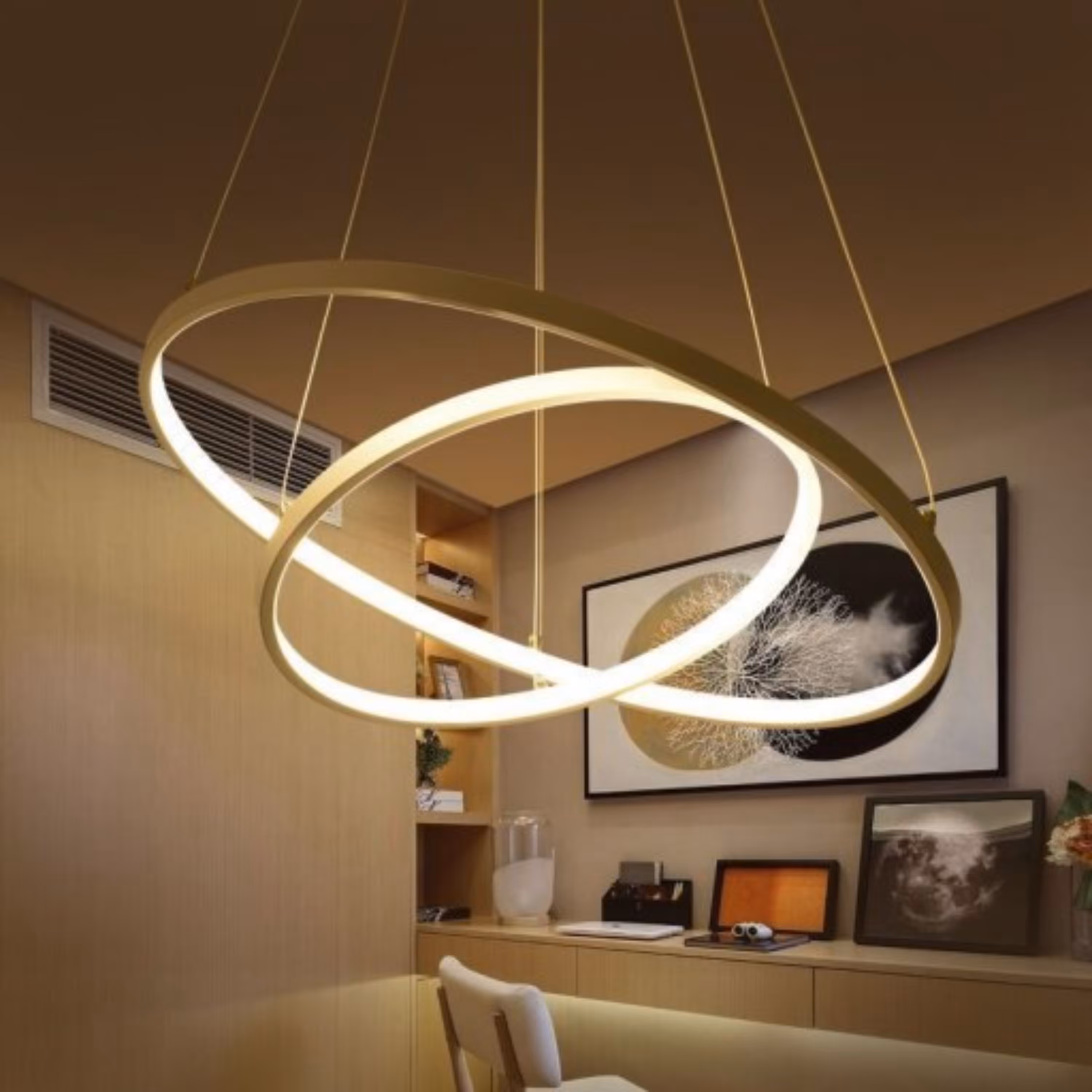 لوستر مدرن طرح دو دایره سایز 50-30 رنگ بدنه سفید نور آفتابی