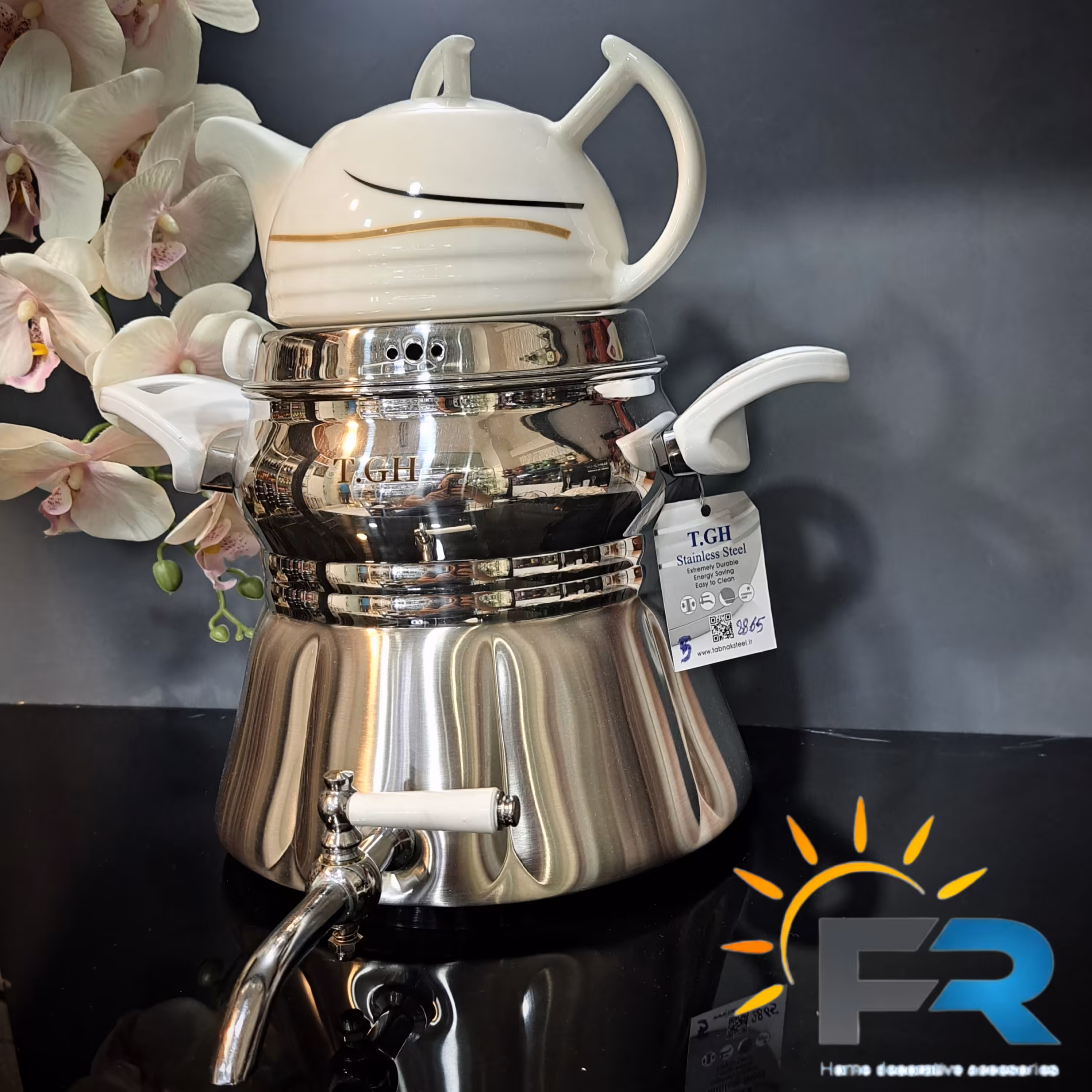 کتری قوری شیردار 5 لیتر  T.GHکف چدن استیل مات و براق مدل 8865