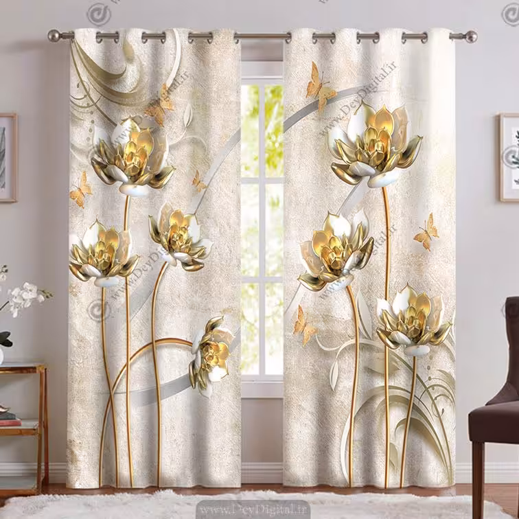 پرده پانچی گل طلایی و پروانه PK-5030