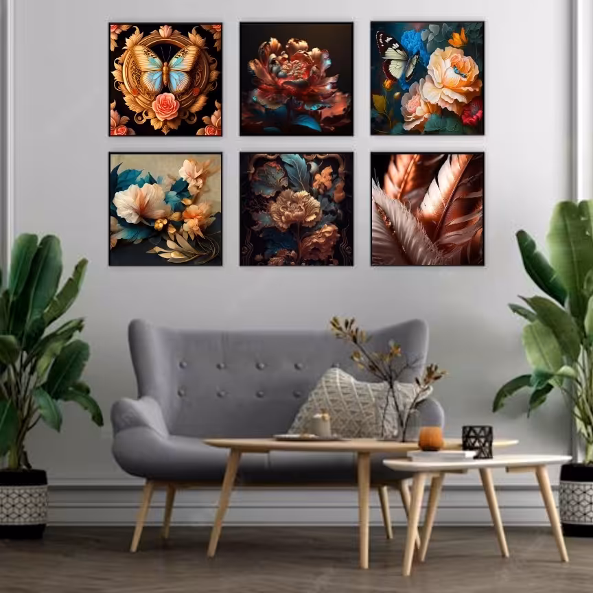 تابلو دکوراتیو فانتزی سه بعدی رنگی طرح گل شش تکه 50در50