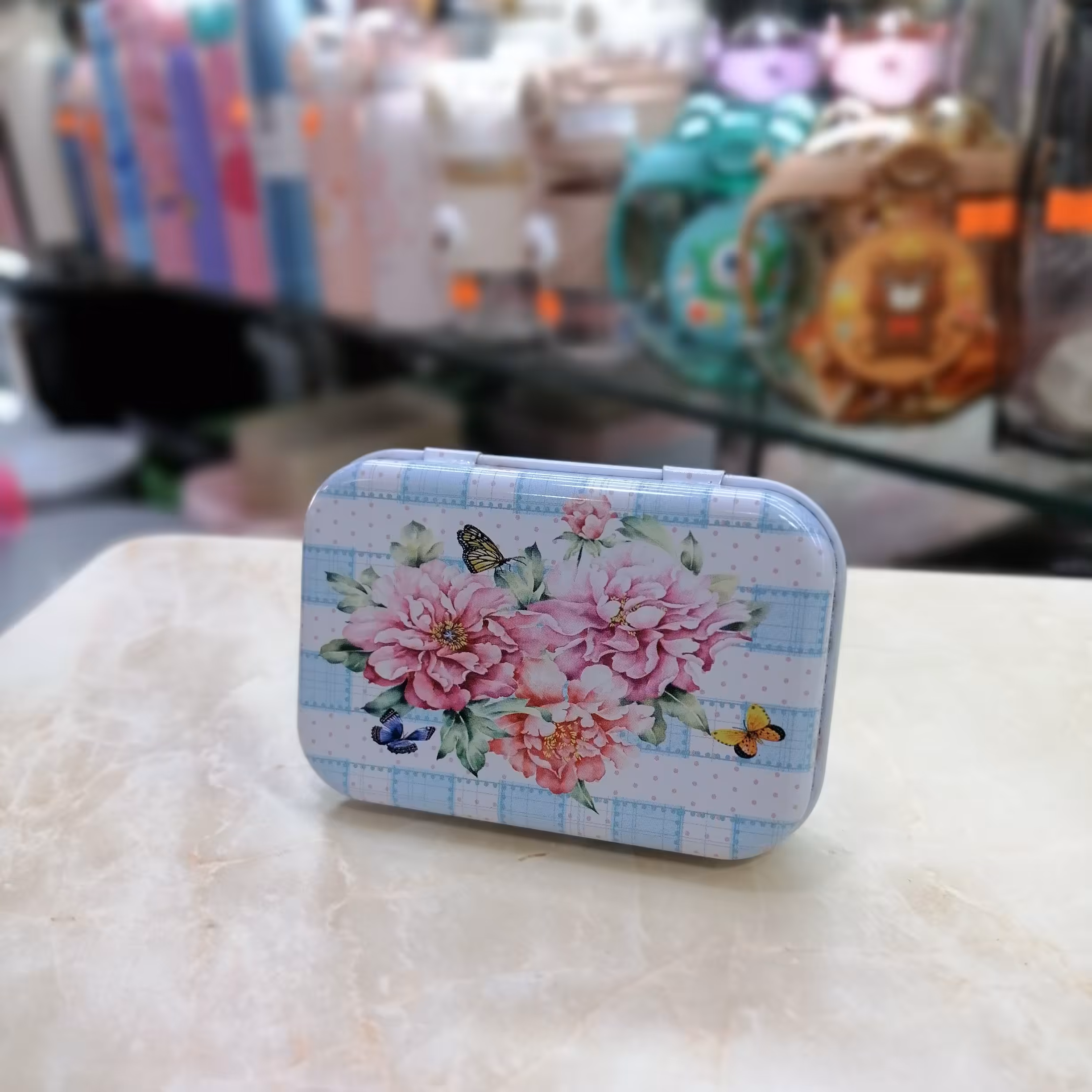 قوطی فلزی همه کاره باکس فلزی همه کاره 3گل صورتی آبی