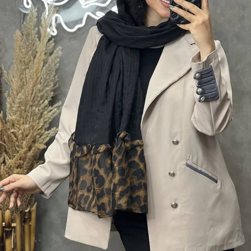 شال نخ کتان  دامنی پلنگی مشکی