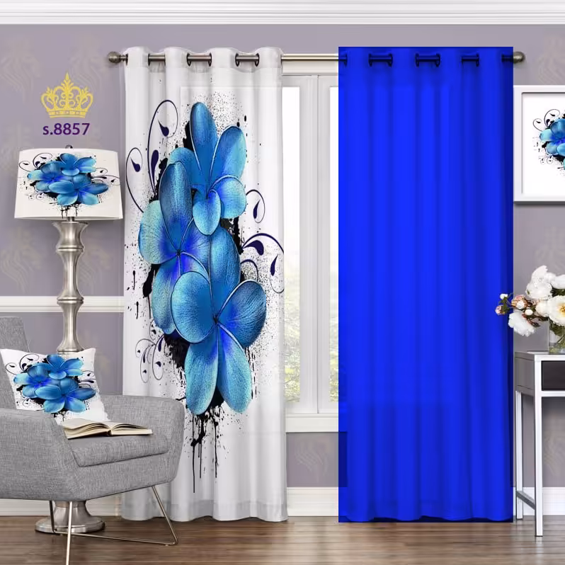 پرده جدید تصویری پذیرایی دو قواره پانچ آماده طرح گل کد 8857