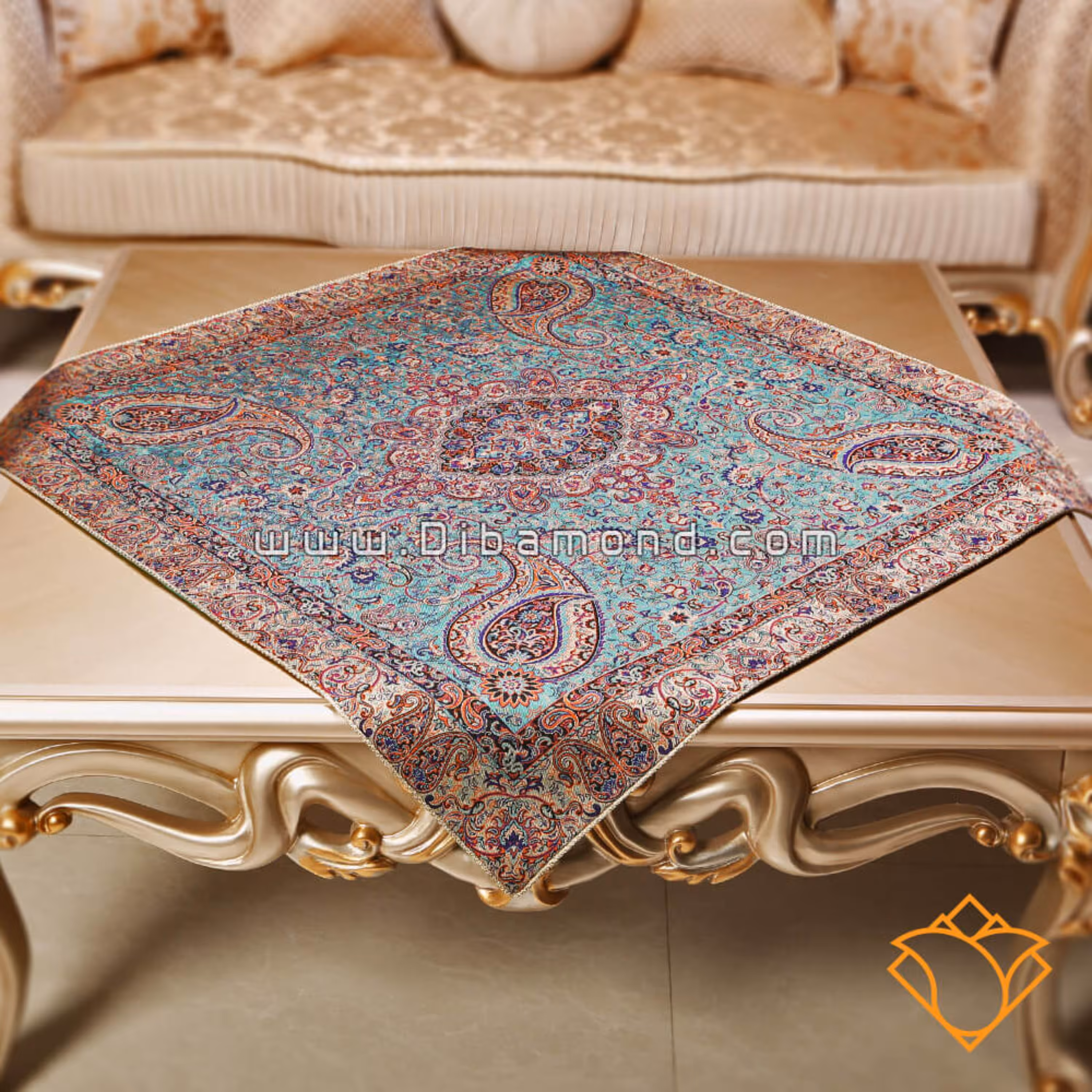 رومیزی ترمه ابریشم طرح سالار فیروزه ای مدل 618
