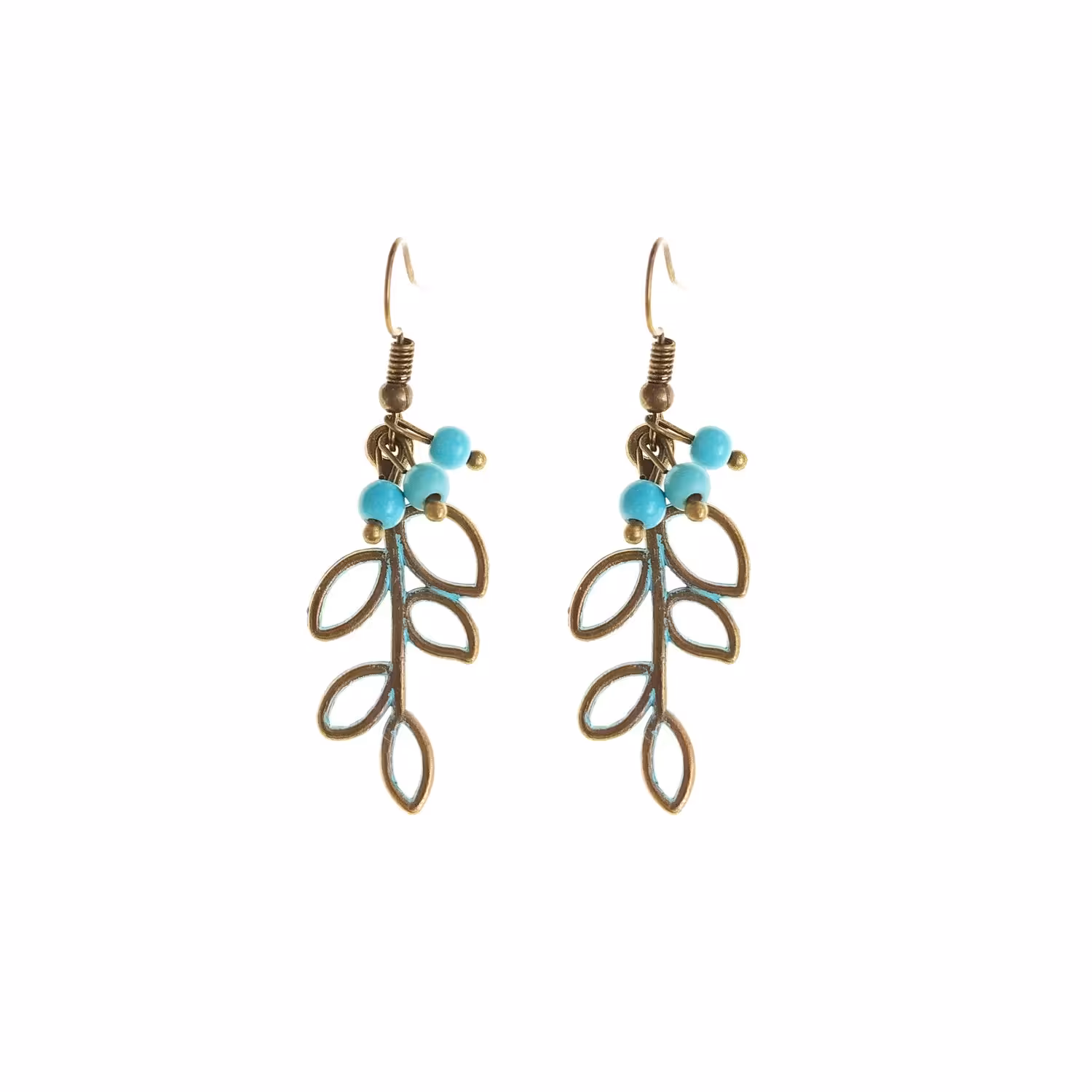 گوشواره برنزی برگ زیتون و  دانه فیروزه