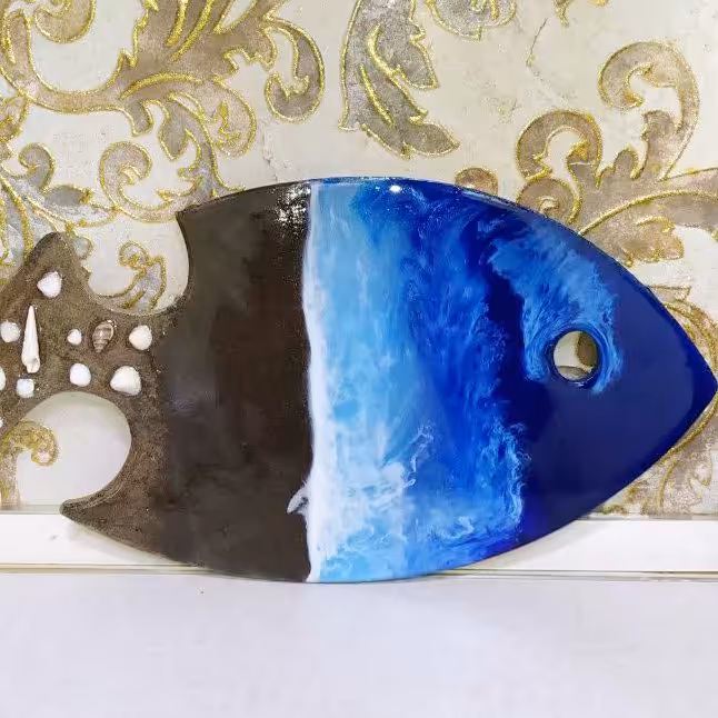 سینی سرو  رزینی  ماهی طرح دریا تزئین شده با گوش ماهی