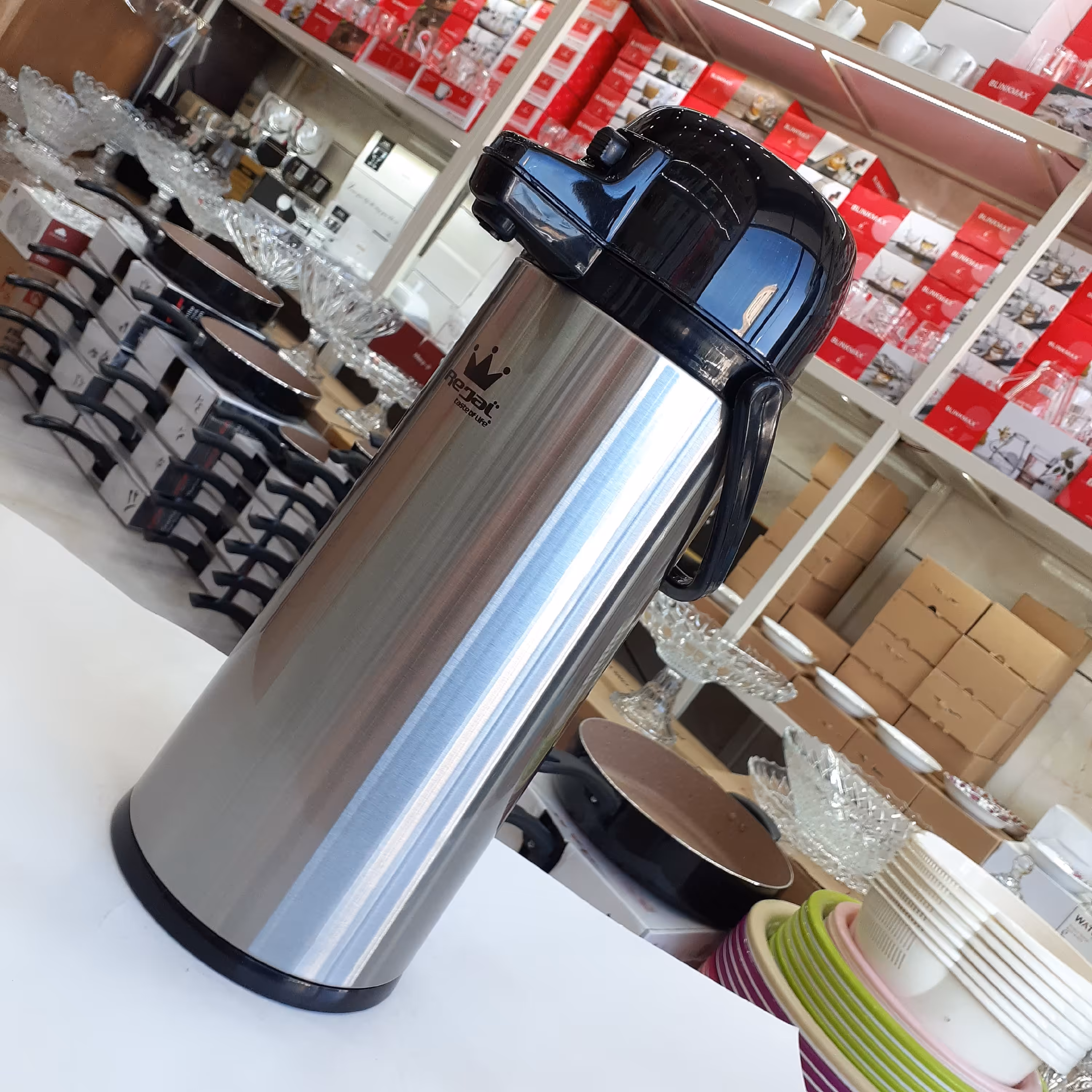 فلاسک چای پمپی 2.5 لیتری روکش استیل داخل شیشه برند رجال