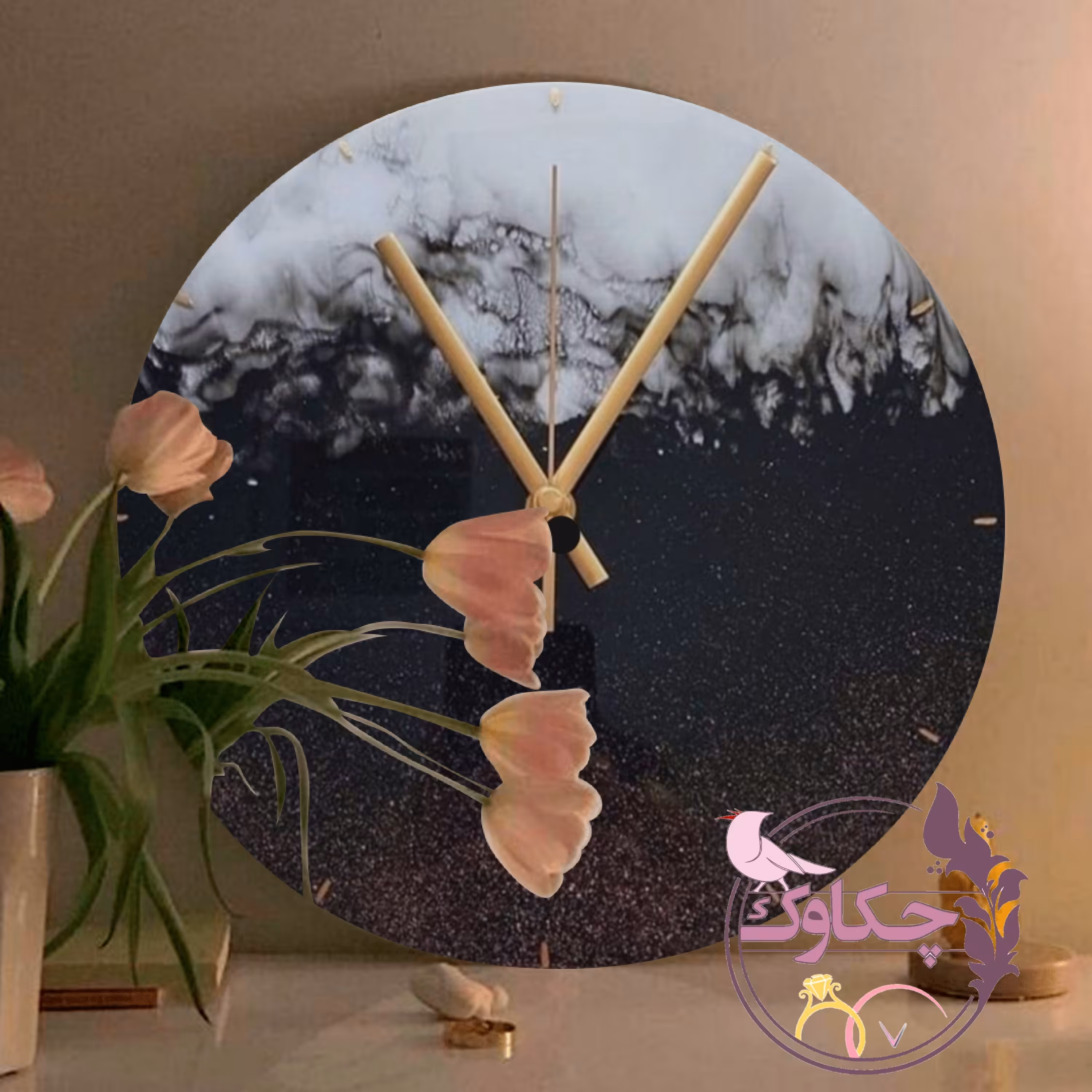 ساعت دیواری چوب و رزین طرح ابتکاری با بیس 30 سانتی