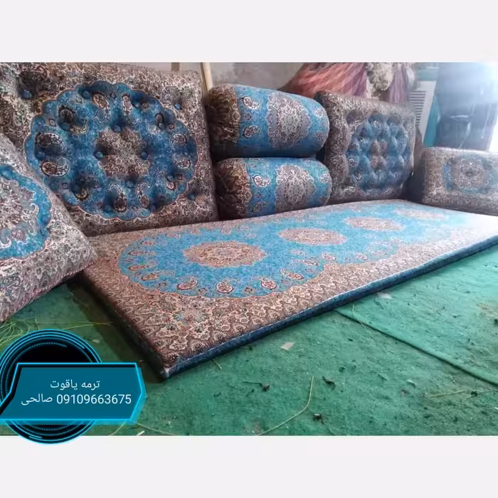 سرویس شاه نشین 7 تکه ترمه طرح شاهسوند رنگ فیروزه ای