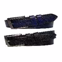 کمربند مشکی مردانه و زنانه ست پرمیوم 2 عددی اسپرت جین آبی سرمه ای 4.5 سانتی متری چاپ طرح دار دوخت چرم اصل GoDeri