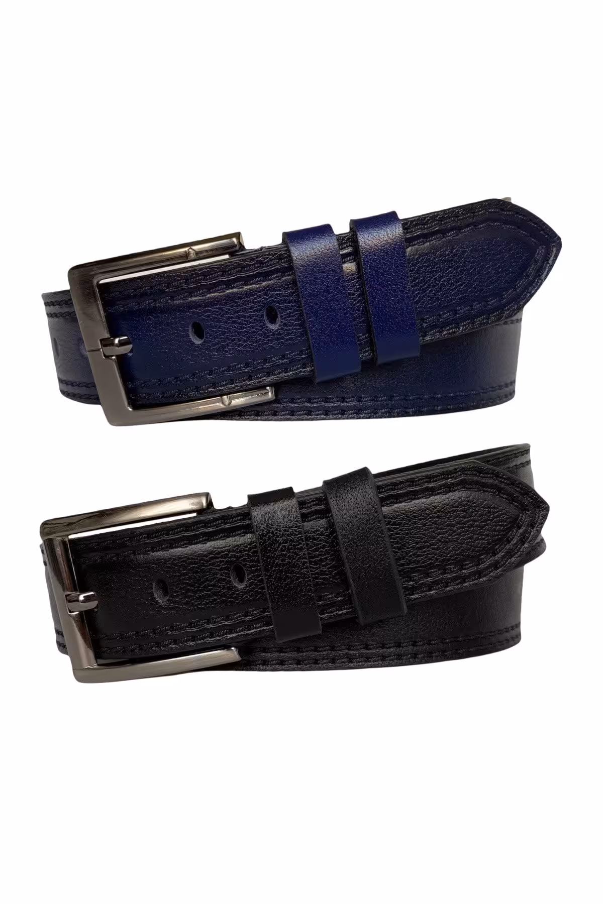 کمربند مشکی مردانه و زنانه ست پرمیوم 2 عددی اسپرت جین آبی سرمه ای 4.5 سانتی متری چاپ طرح دار دوخت چرم اصل GoDeri