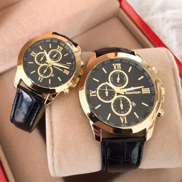 ست ساعت مچی عقربه ای مردانه و زنانه طرح سه موتور رومانسون بند چرمی (فروش به صورت ست)