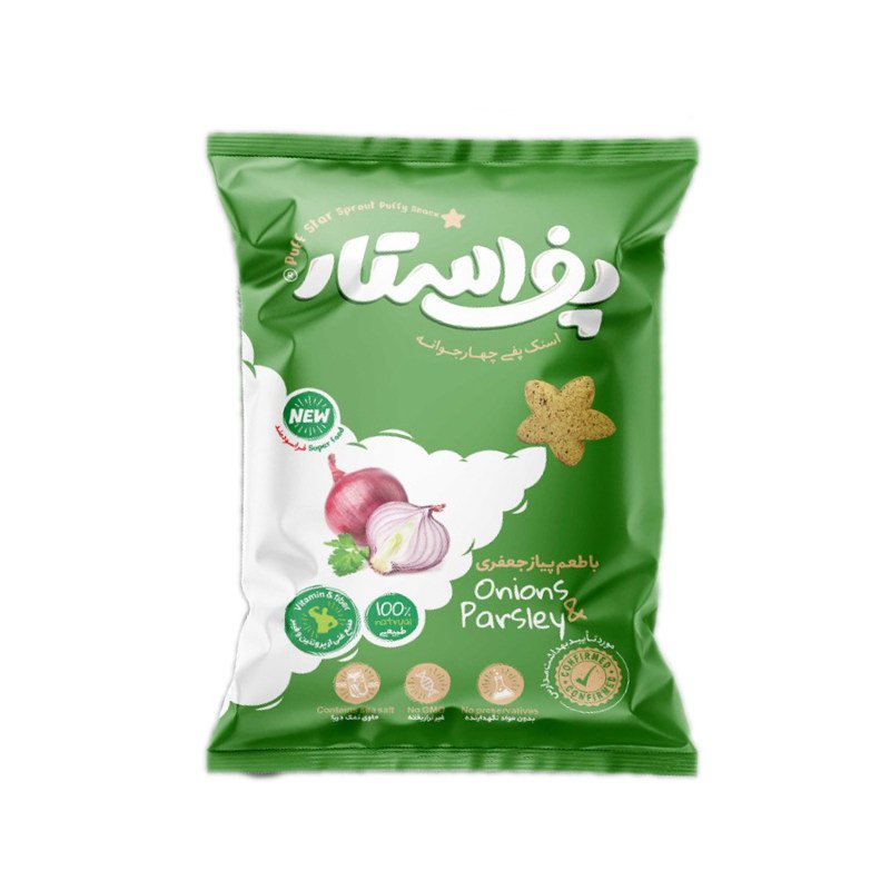 پفک سویق چهار جوانه با طعم پیاز جعفری50 گرمی پف استار(اسنک سویق پفی پروتئینه-پفک سالم)
