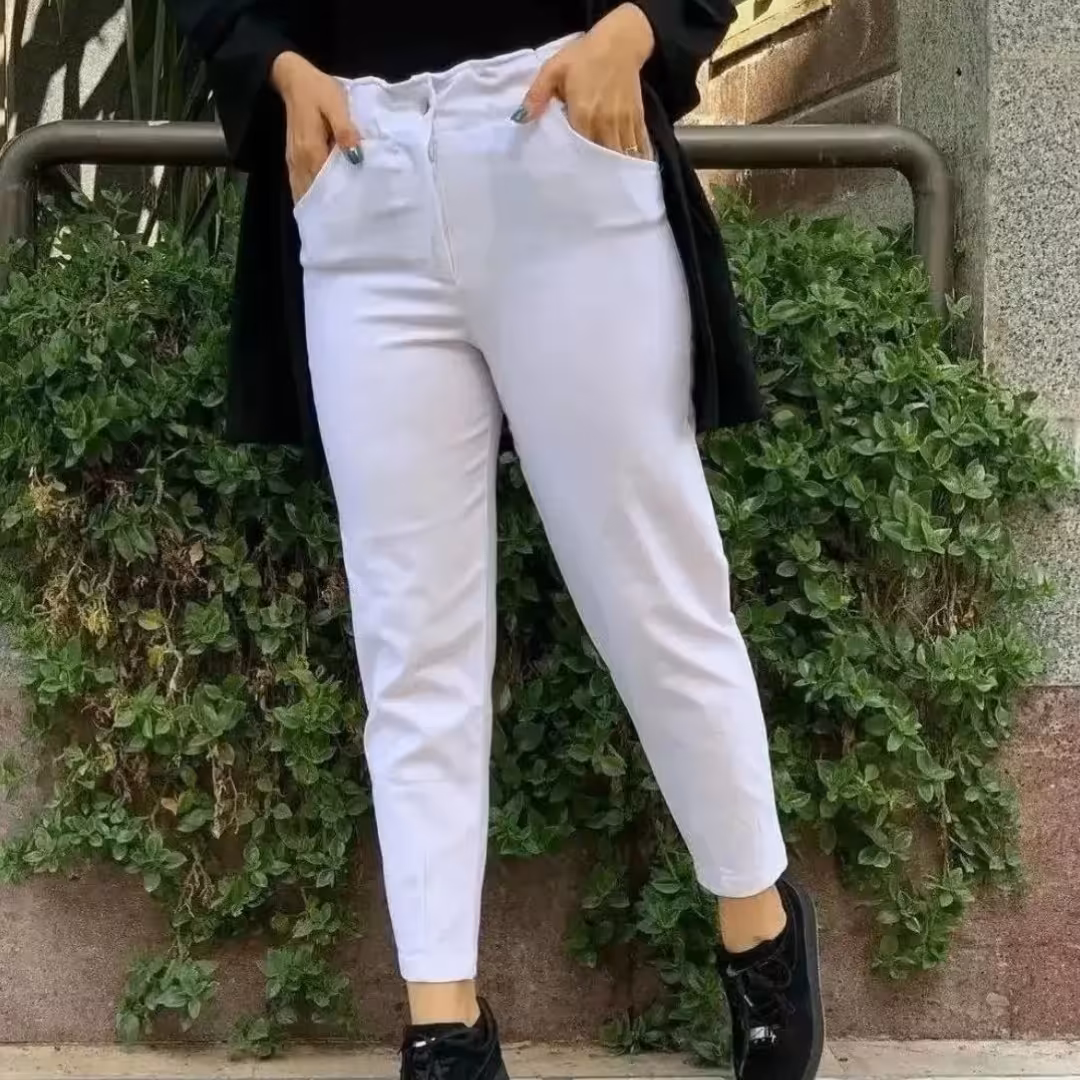 شلوار  زنانه مام فیت کتان  در دو رنگ سفید و کرم قد نود   