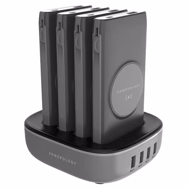 پاور استیشن پاورولوجی مدل 10000میلی‌آمپر 4 در 1 وایرلس شارژ با جایگاه شارژ 4 پورت