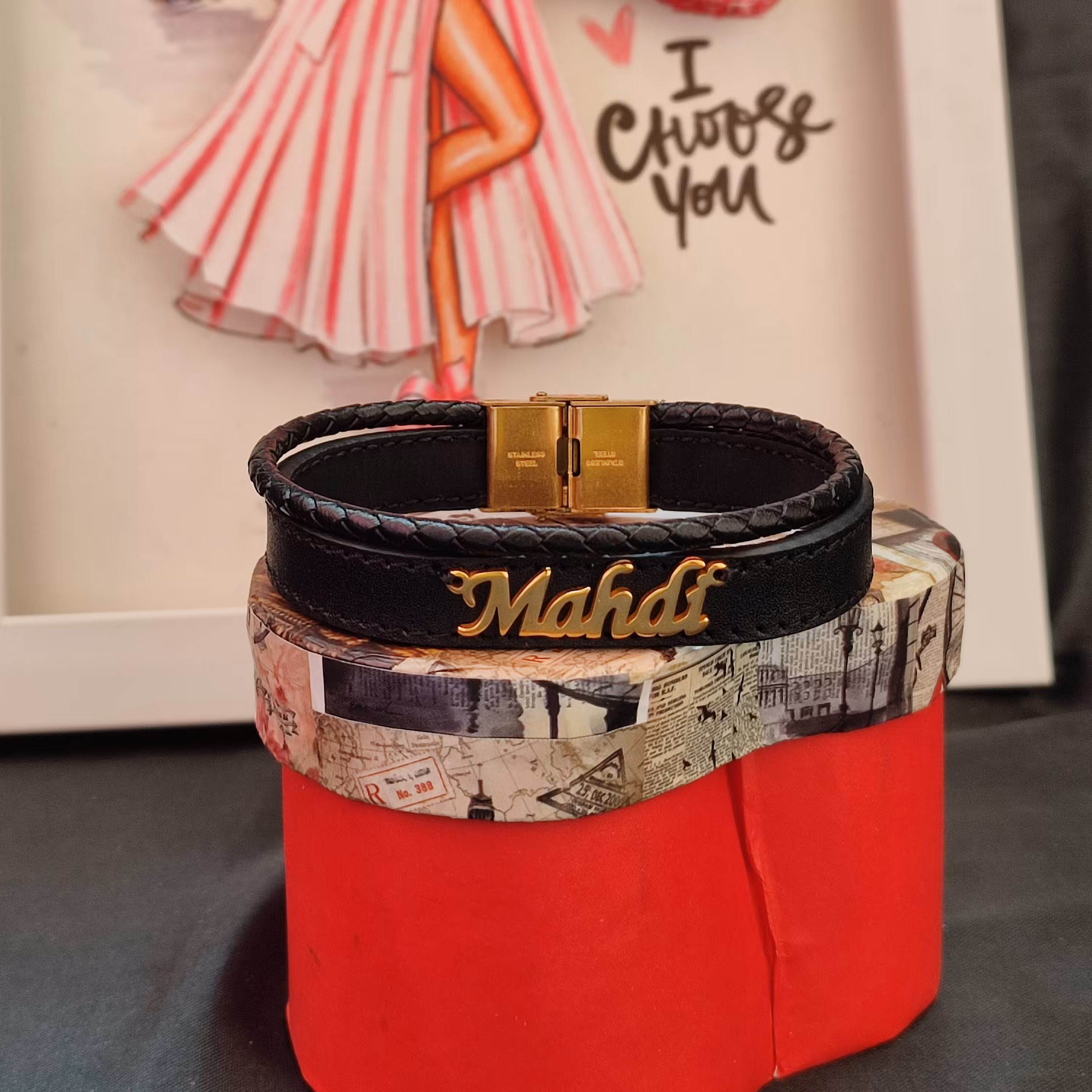 دستبند چرم طبیعی با پلاک استیل