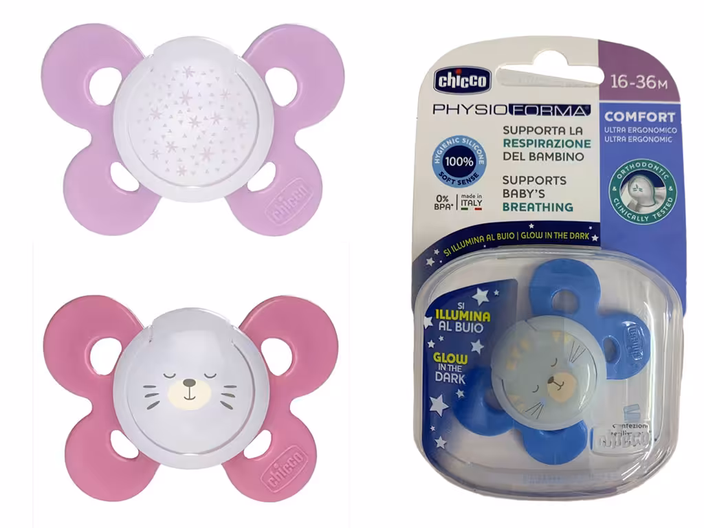 پستانک سیلیکونی ارتودنسی فیزیو کامفورت مدل شب رنگ 16 الی 36 ماه چیکو Chicco