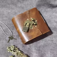 دفترچه چرمی  قفل دار، چرم گاوی افکتی رنگ فندقی ، 9.5 در 9.5 ، 120 برگ کاغذ نخودی رنگ ،قفل دار