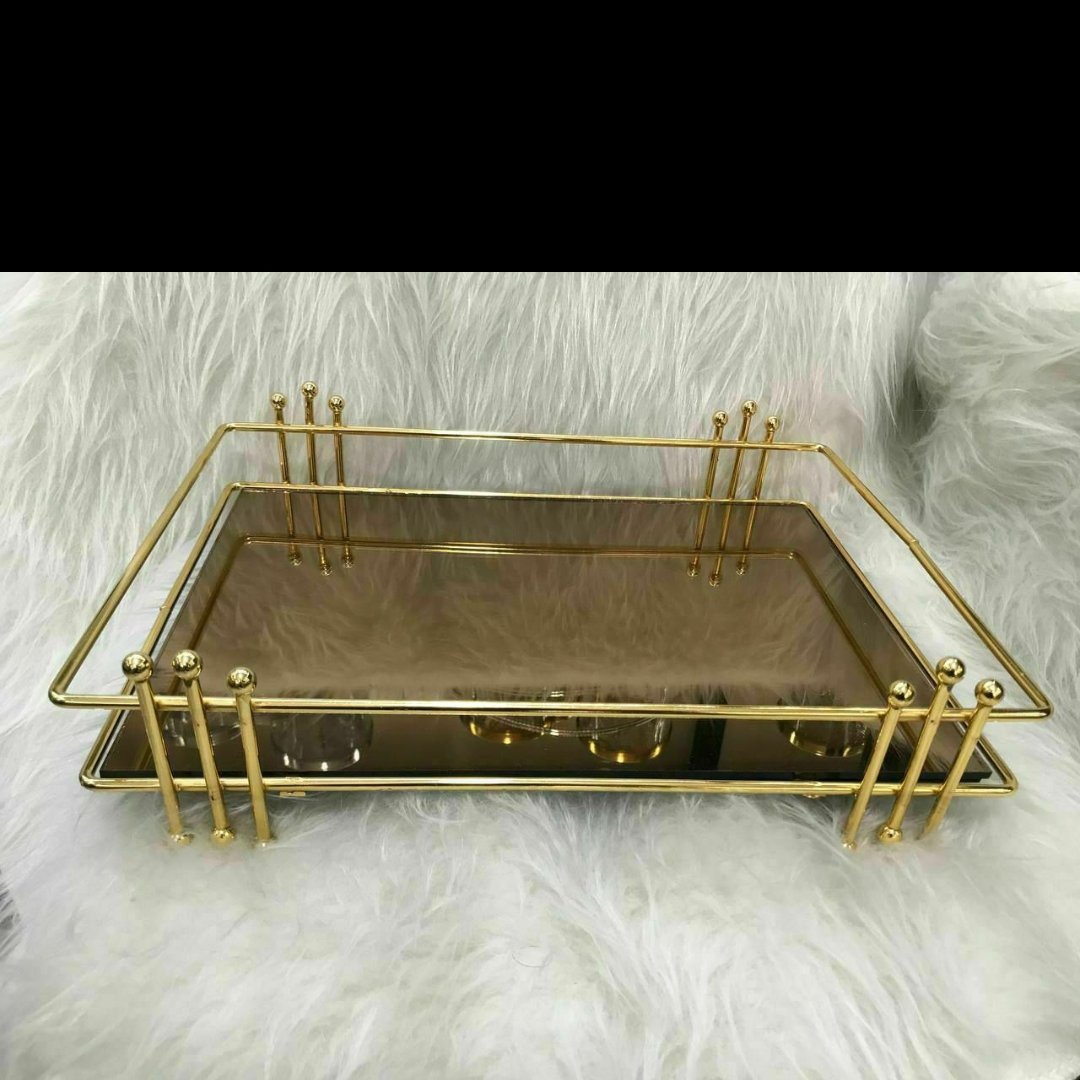 سینی کف آیینه نرده ای رنگ طلایی یک عددی