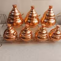 جا ادویه مسی 7 تایی همراه استند سایز بزرگ ارتفاع 20 دهانه 10 سایز کوچک ارتفاع 10.5 دهانه 5.5