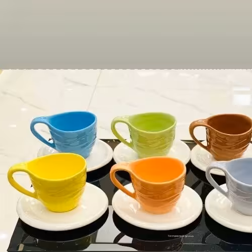 سرویس 14 پارچ (6+6  +1 عدد قندان بزرگ ) چای خوری سرامیکی رنگی  منحنی  کیفیت درجه 1 قابل استفاده در مجالس و مهمانیها