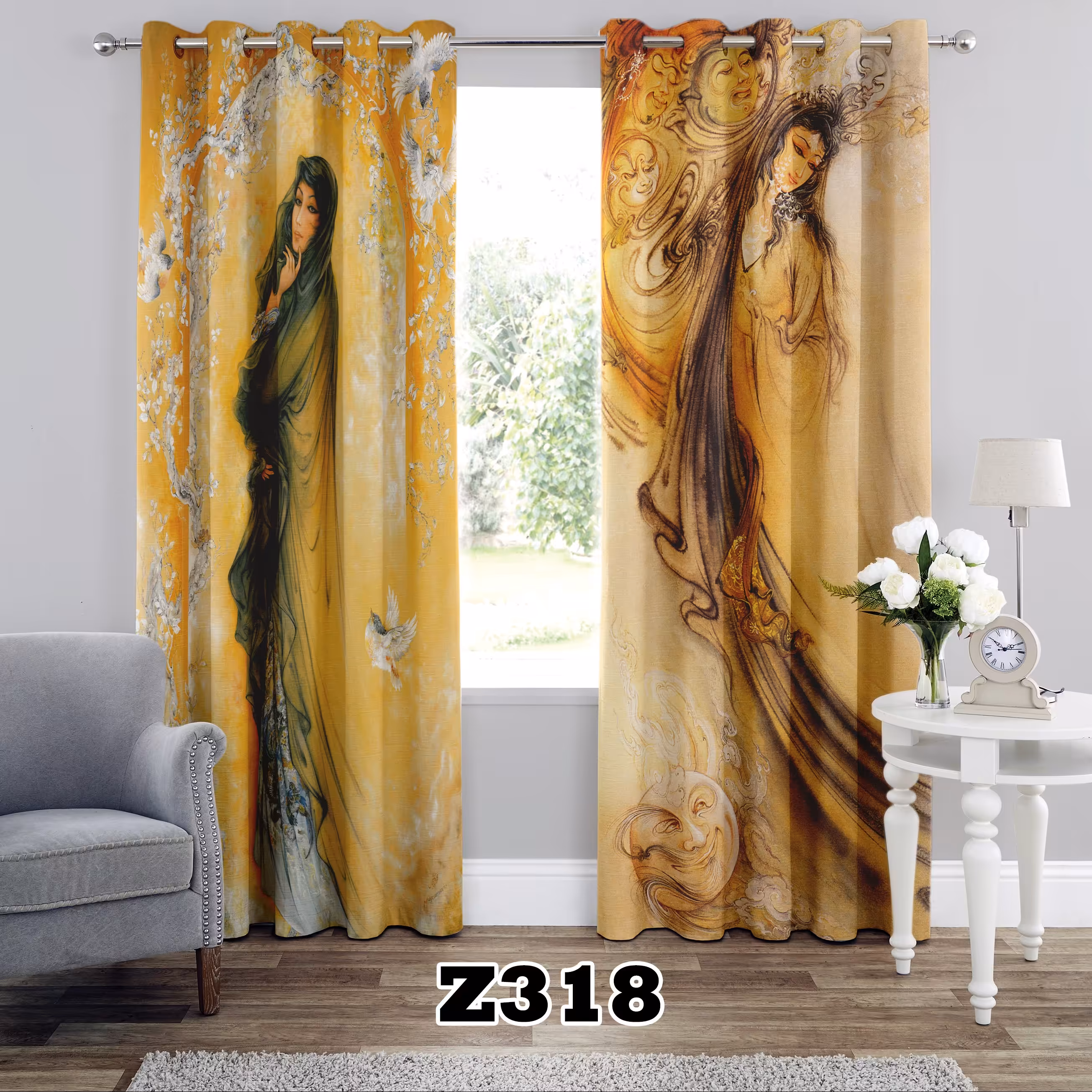 پرده چاپی طرح رخ کد Z318 تک قواره ارتفاع 300 عرض 140 سانت