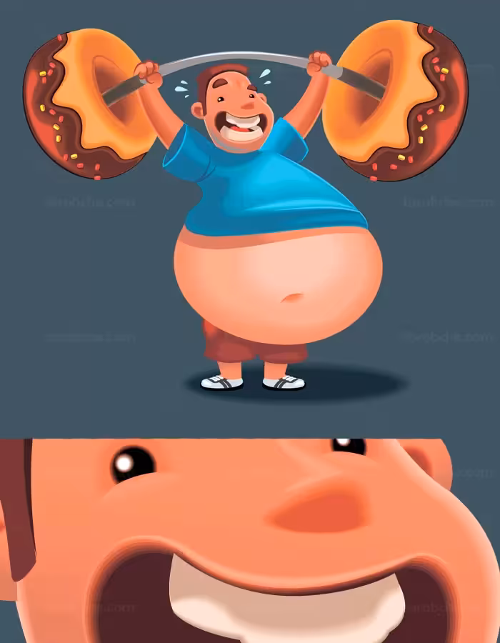 وکتور مرد چاق در حال ورزش کردن با وزنه پیراشکی - گرافیک با طعم تربچه