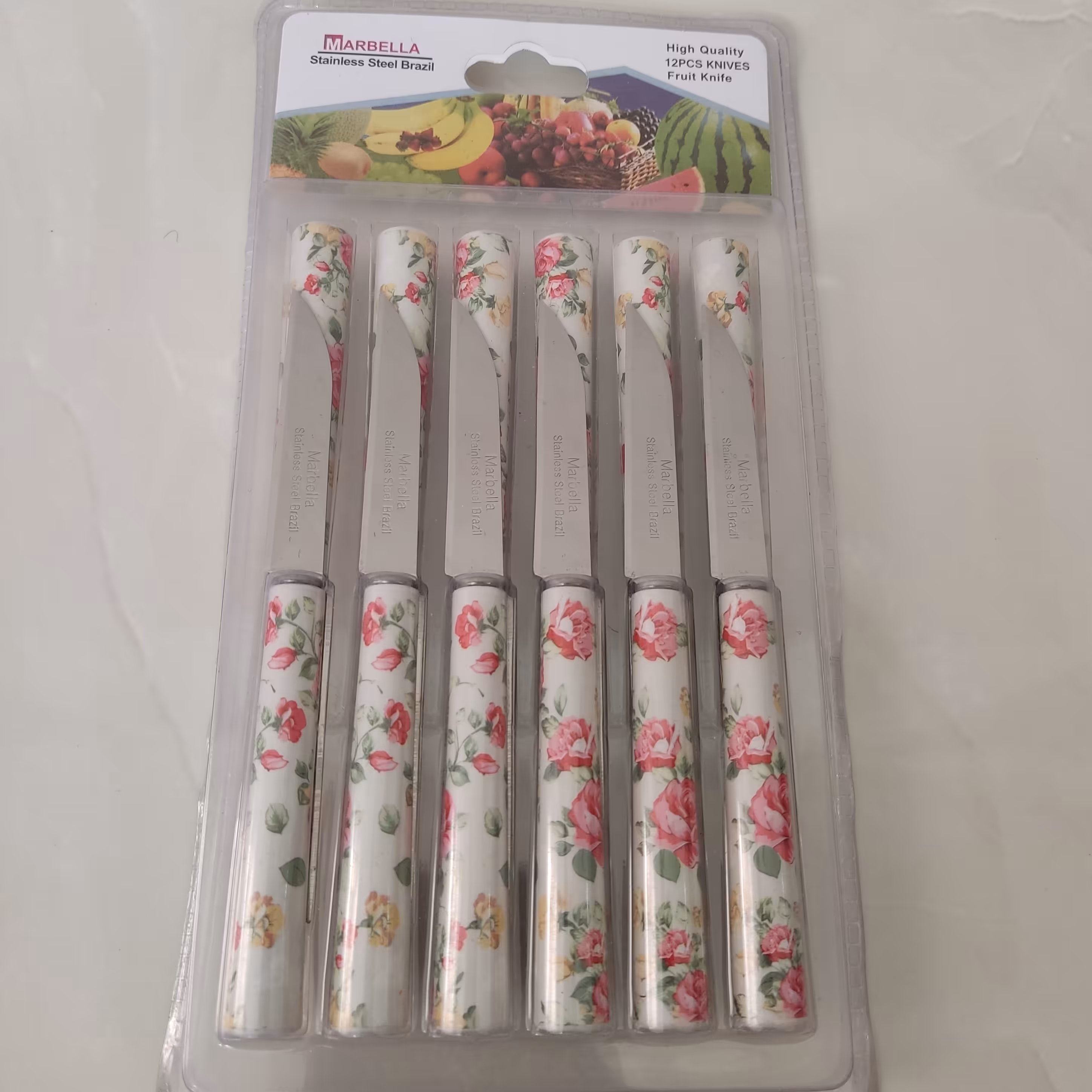 چاقو میوه خوری بسته 12 تایی مارک ماربلا (Marbella) طرح سرامیکی جنس عالی . گل قرمز .کارد میوه خوری