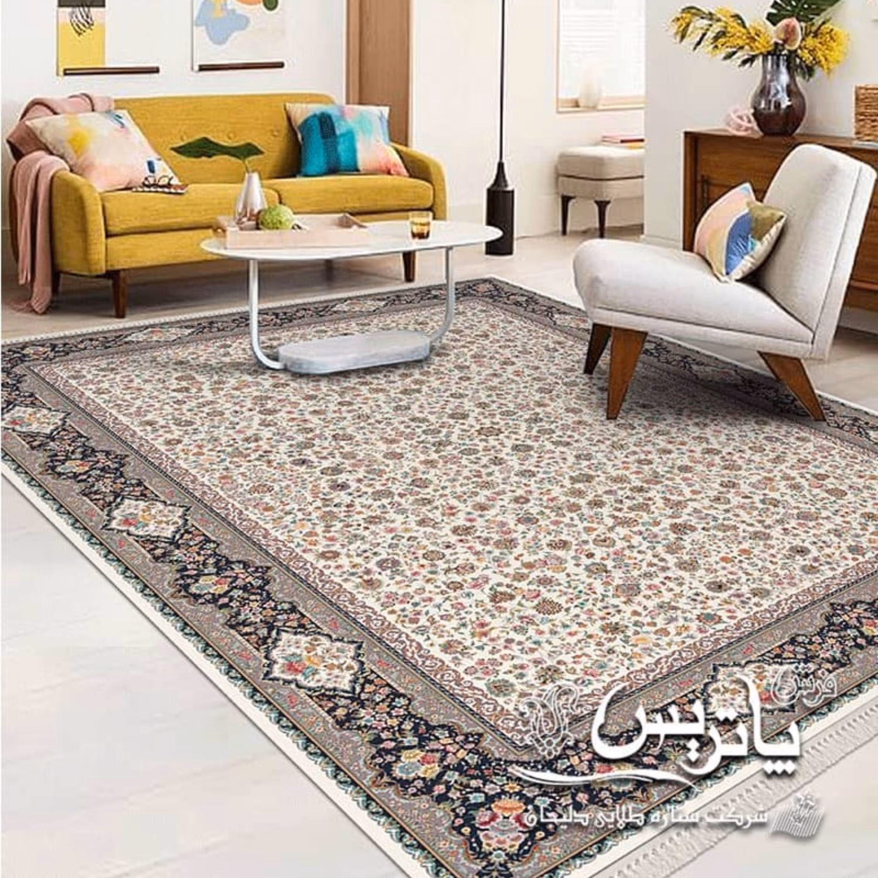 فرش پاتریس 1200شانه  طرح افشان مهربان گل کرم  قالیچه 4متری