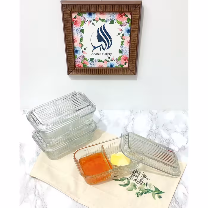 کره خوری و ظرف شیشه ای درب دار کره، مربا، عسل، پنیر و غیره