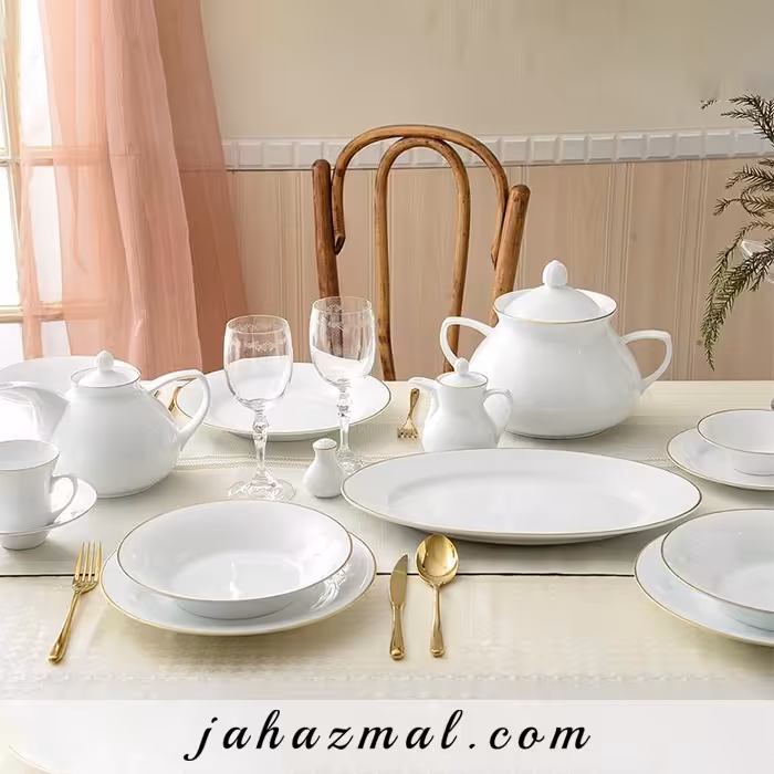 سرویس چینی یاسمن شهرزاد زرین 89 پارچه (سفید لب طلا)