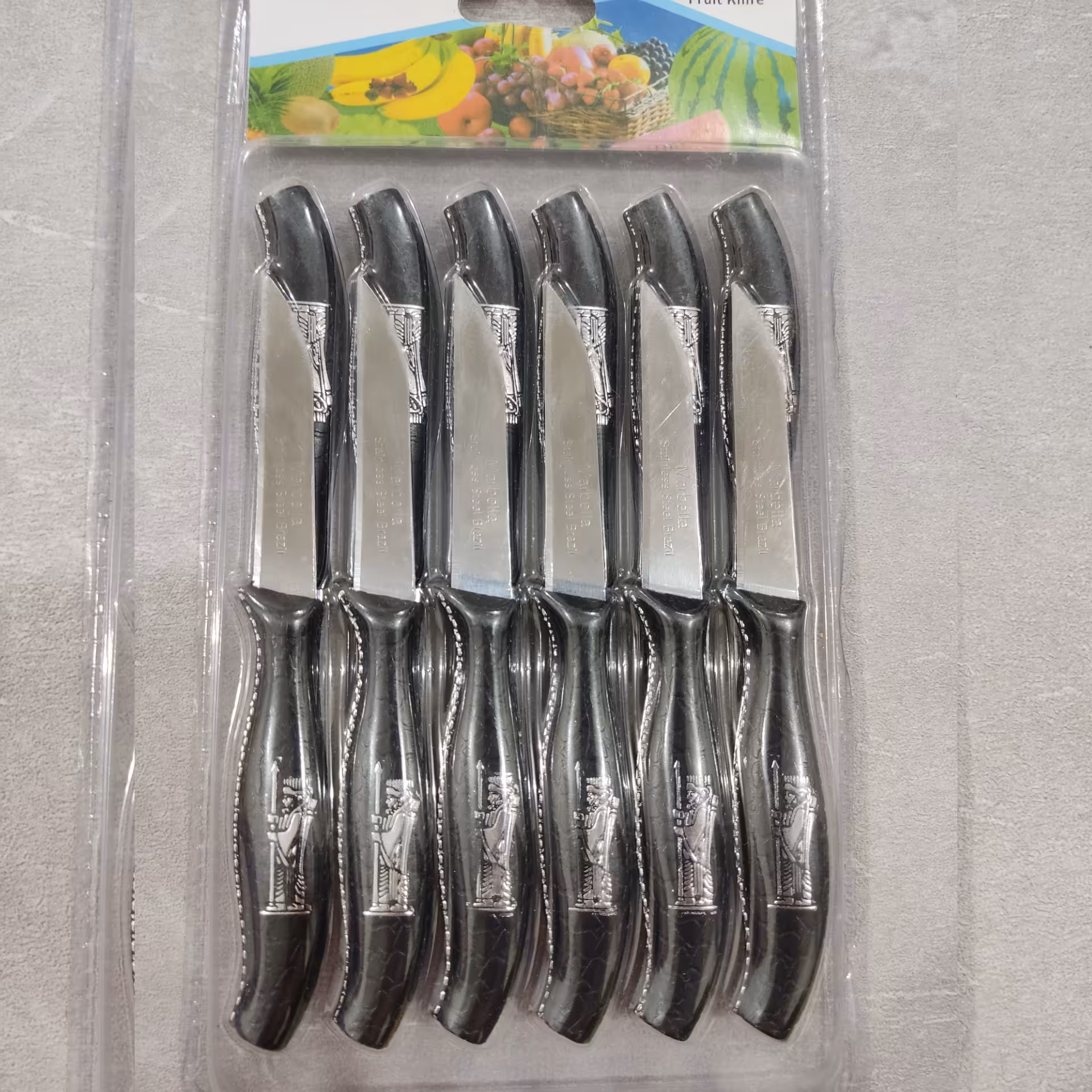 کاردمیوه خوری 12 عددی مارک ماربلا طرح هخامنشی برجسته باتیغه استیل و دسته پلاستیک فشرده  برزیل (چاقو)و طول 16 سانت   